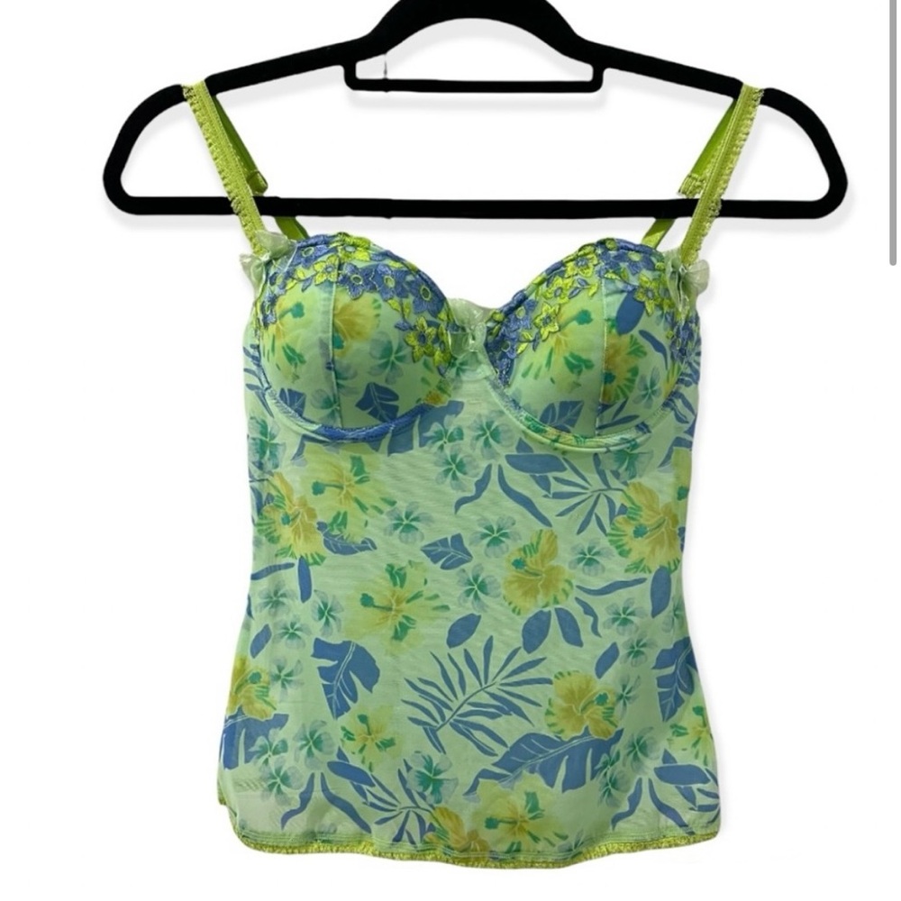 Lingerie Mesh Embroidered Floral top Green and blue Sz 34C
